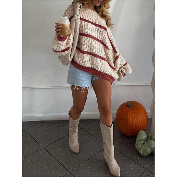 Women's Off Shoulder Sweater Knit Color Block Striped Long Sleeve Cozy - Picture 3 of 7